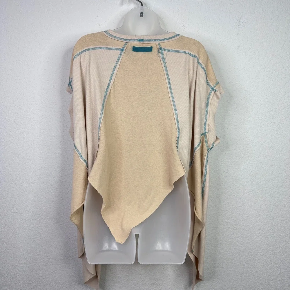 POL Shirt Womens M Beige Knit Crop Oversized Asymmetrical Boho Lagenlook Draped - Picture 2 of 8